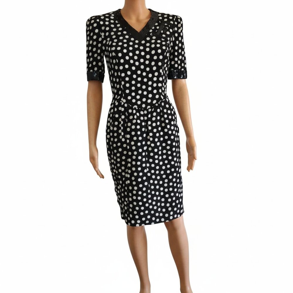 Escada by Margaretha Ley Dress Polka Dot Silk Sequins V-Neckline Womens Size 34